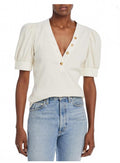 Heather V-Neck Puff Sleeve Top In Off White