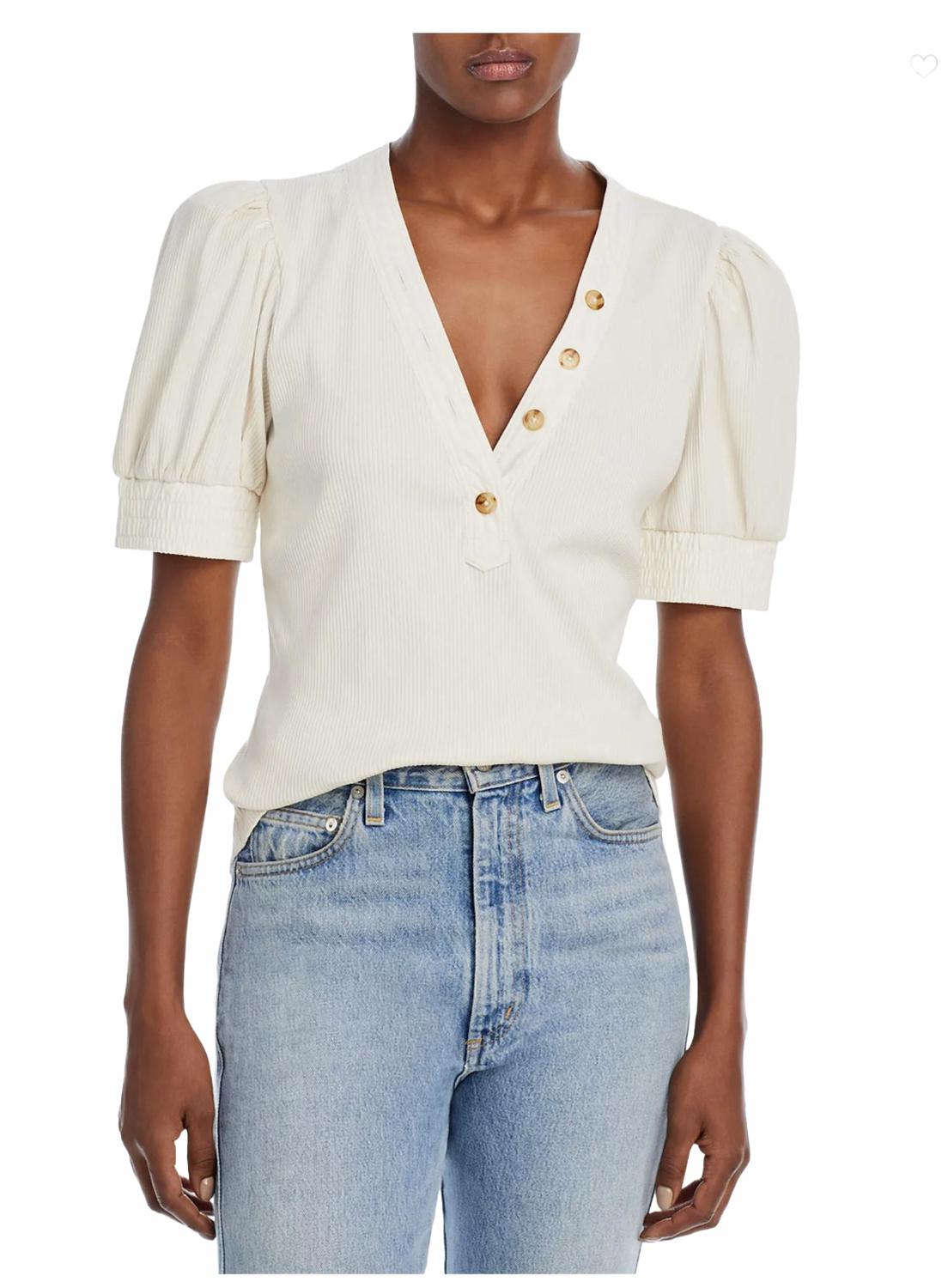 Heather V-Neck Puff Sleeve Top In Off White