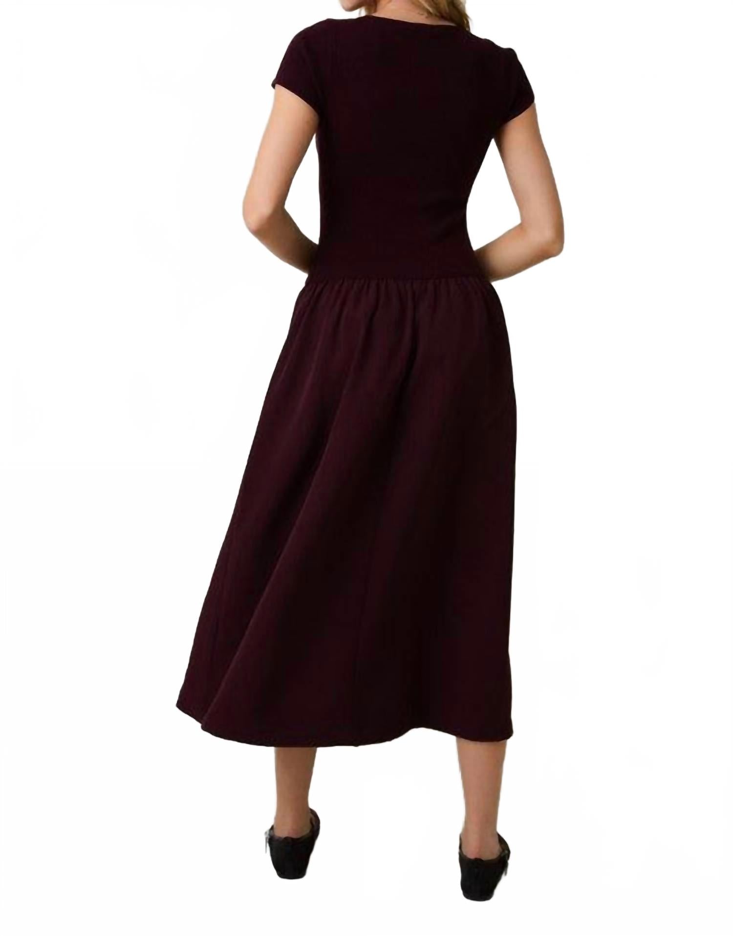Round Neck Mix Midi Dress In Burgundy