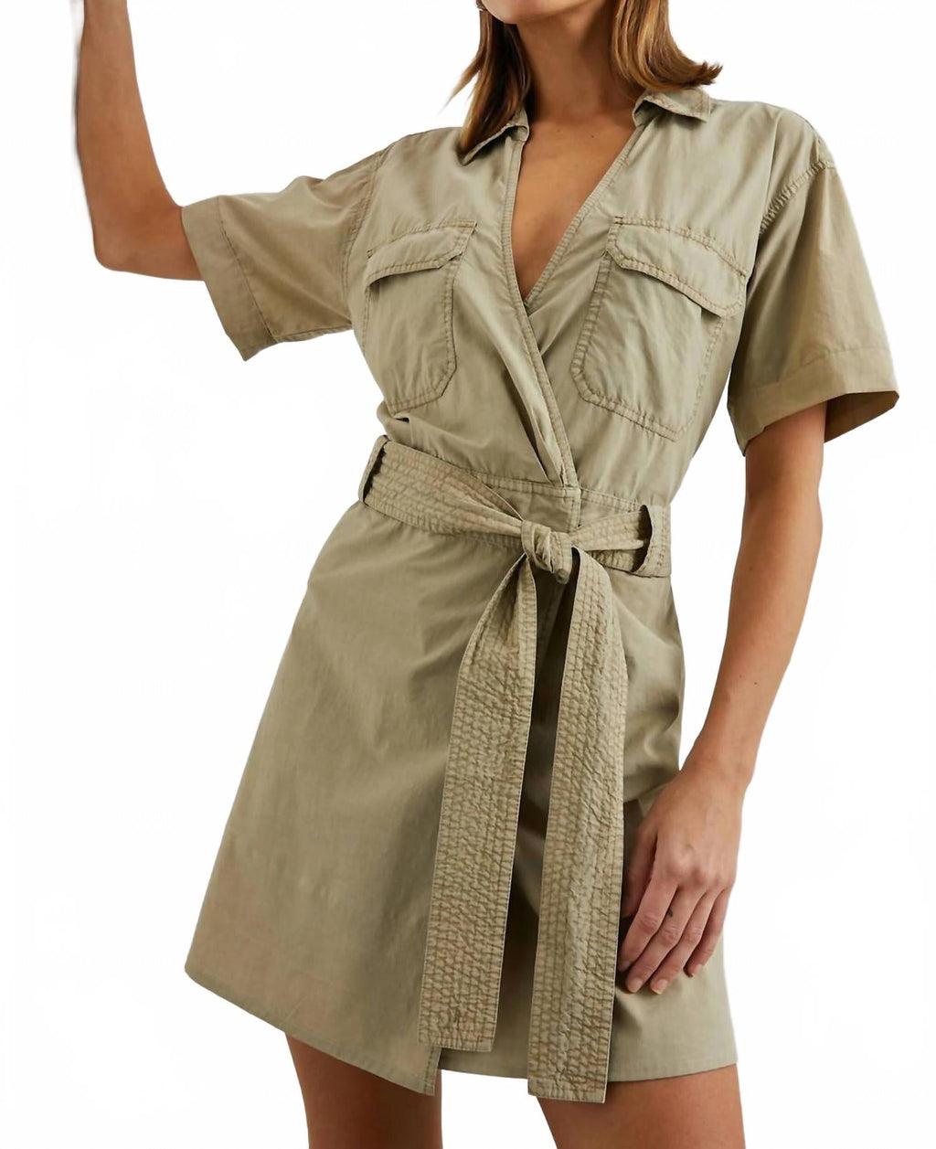 Natalie Sleek Tie-Belt Dress In Beige