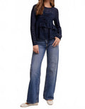 Stretch Lace Tiered Blouse With Drawstring Detail In Navy