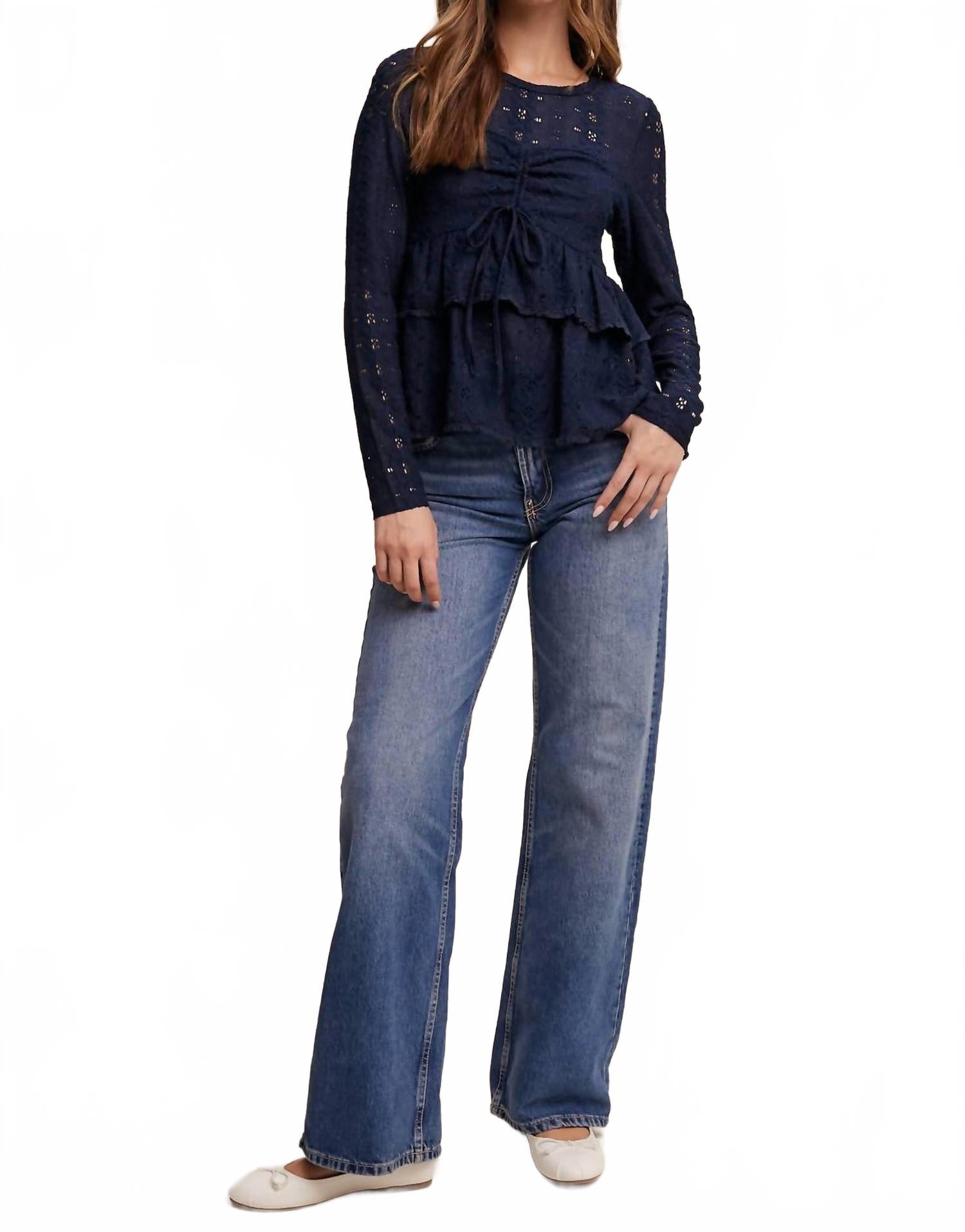 Stretch Lace Tiered Blouse With Drawstring Detail In Navy