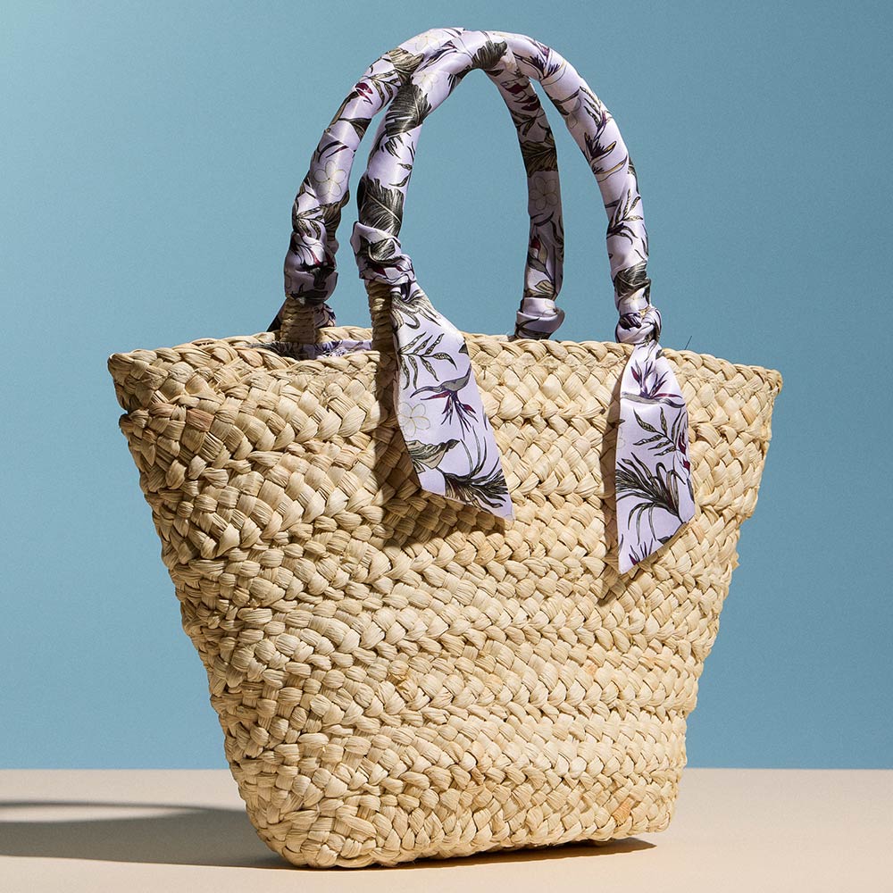 Floral Print Fabric Scarf Wrapped Handle Raffia Tote Bag
