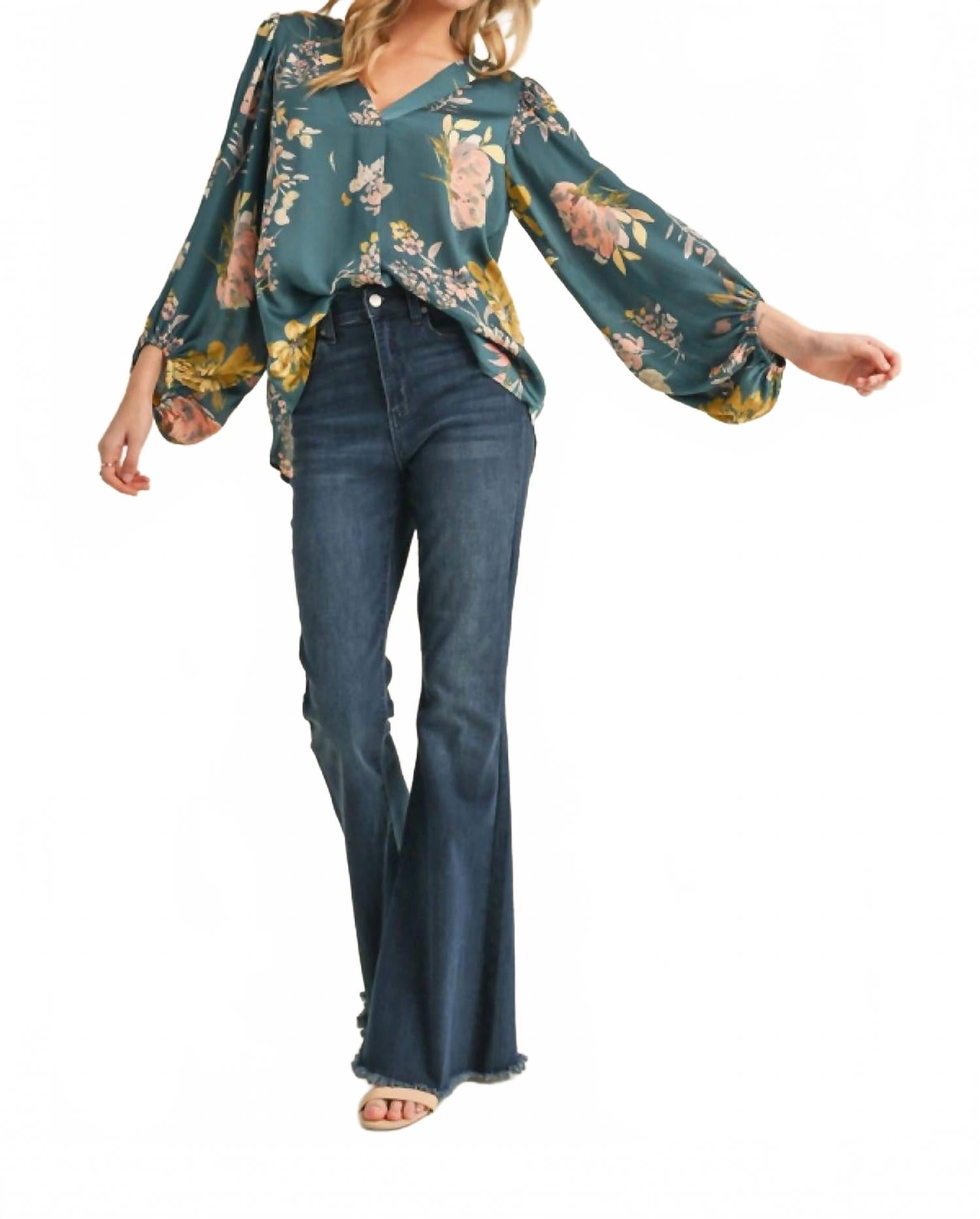 Satin Floral Print Blouse With Bubble Sleeves In Teal