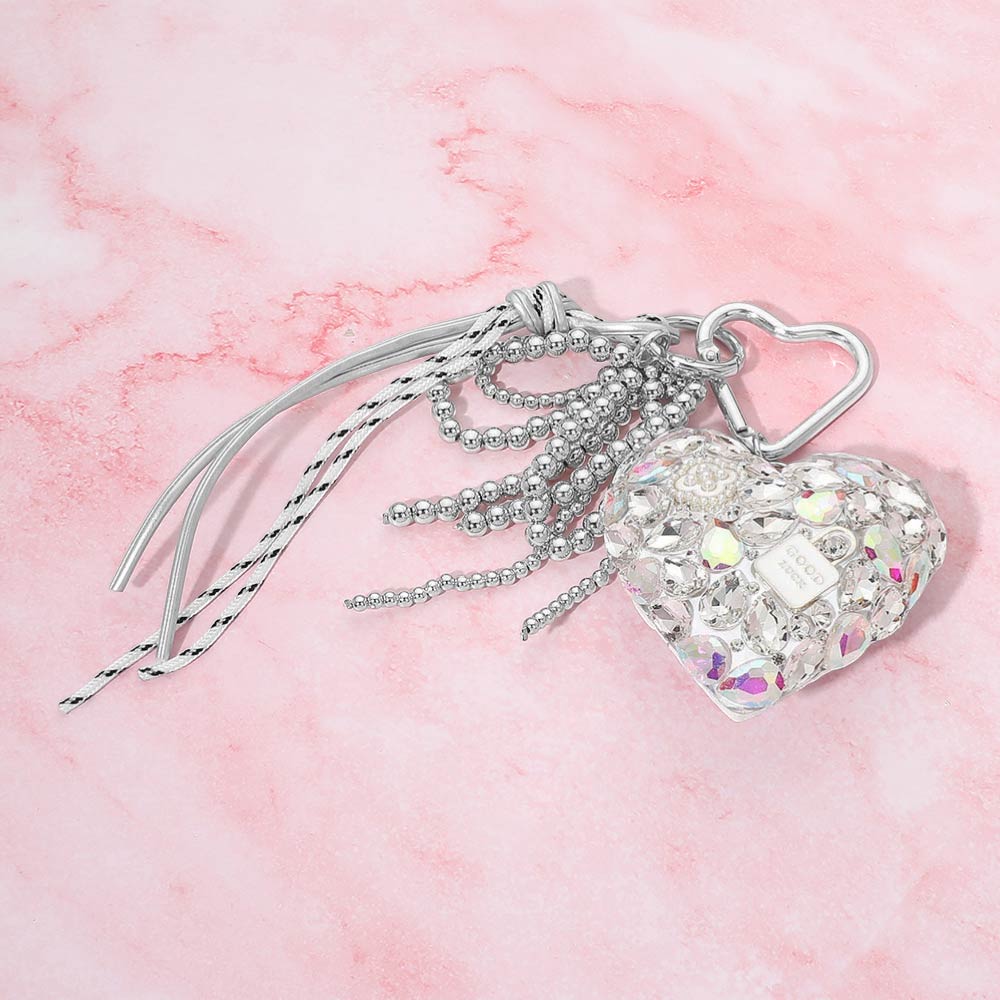 Crystal Embellished Heart Charm Tassel Keychain Bag Charm