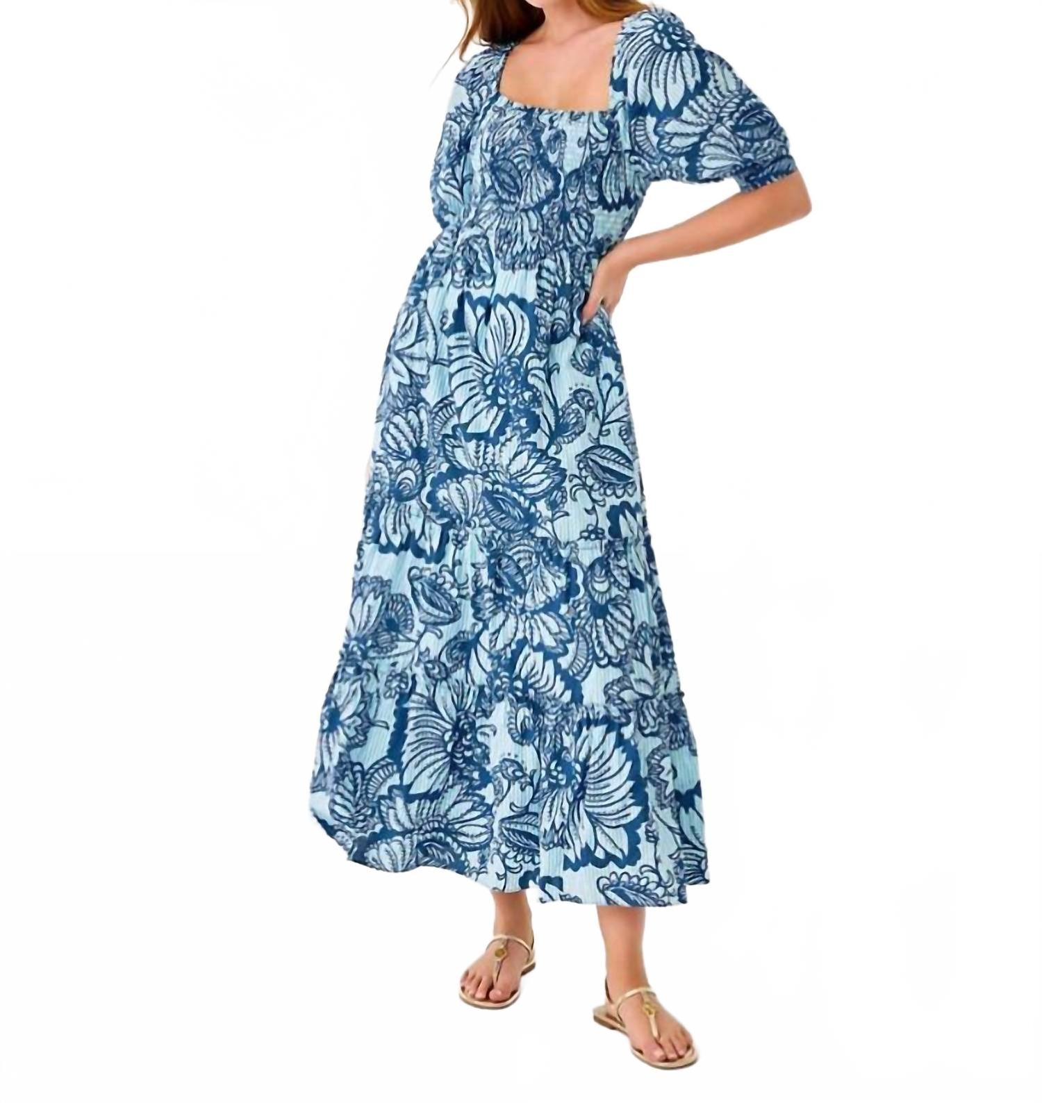 Hadly Short Sleeve Smocked Maxi Dress In Starlight Navy/proud As A Peacock Stripe