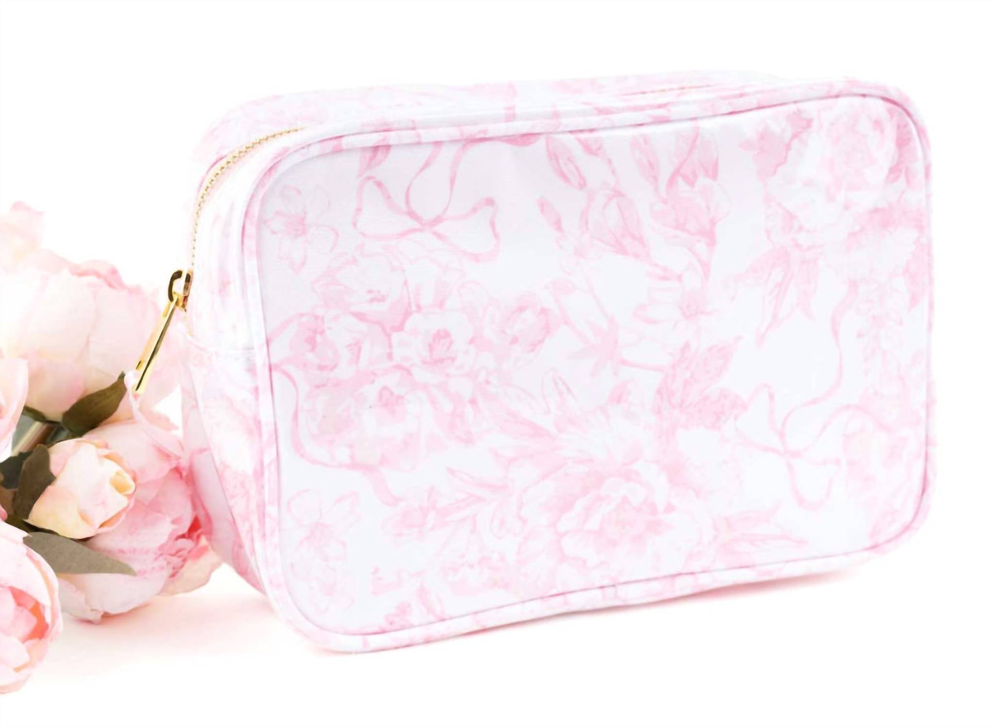 Women's Clear Coated Rectangular Cosmetic Case In Pink Bow Toile
