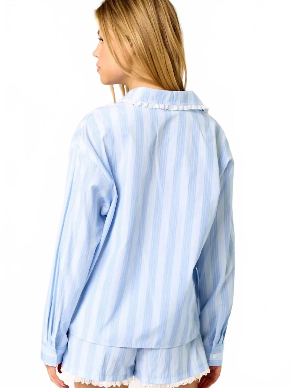 Long Sleeve And Shorts Pajama Set In Blue Striped