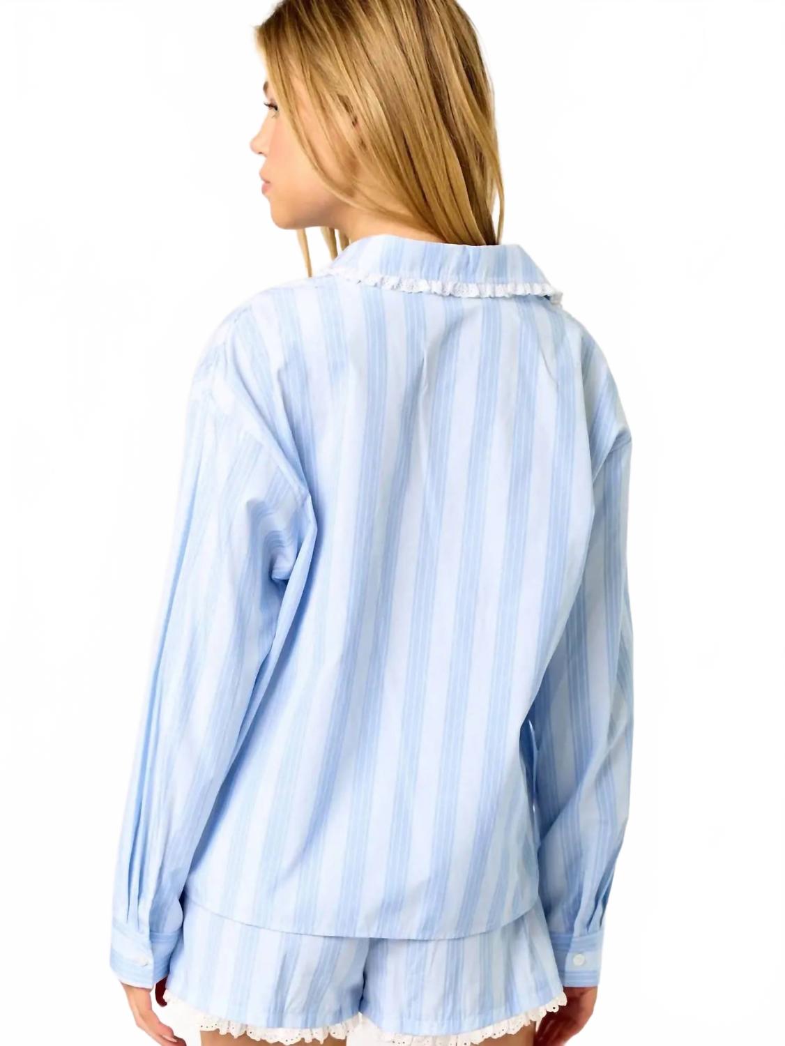 Long Sleeve And Shorts Pajama Set In Blue Striped