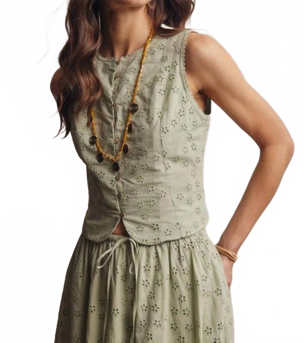 Eyelet Button-Front Top In Green
