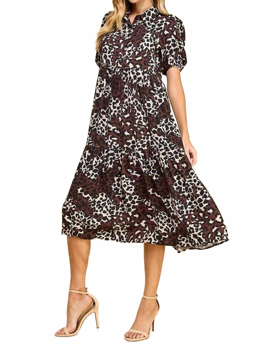 Collared Midi Shirt Dress In Beige/black