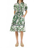 Magnolia Print Short Sleeve Button Closure Belted Shirt Dress In Green
