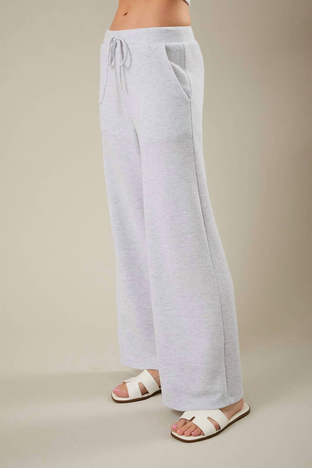 Mid Rise Drawstring Wide Leg Pants In Heather Grey