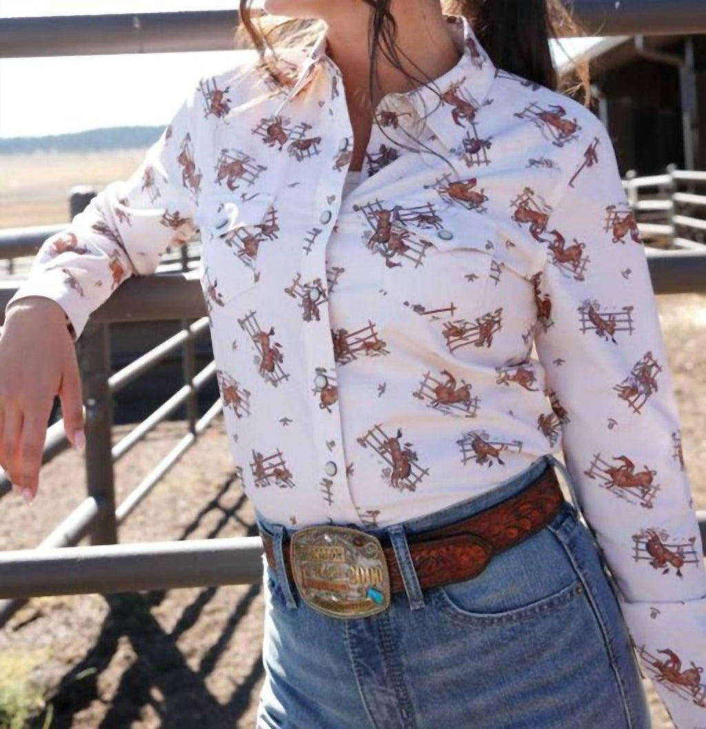 Women's Western Print Snap Shirt In Cream