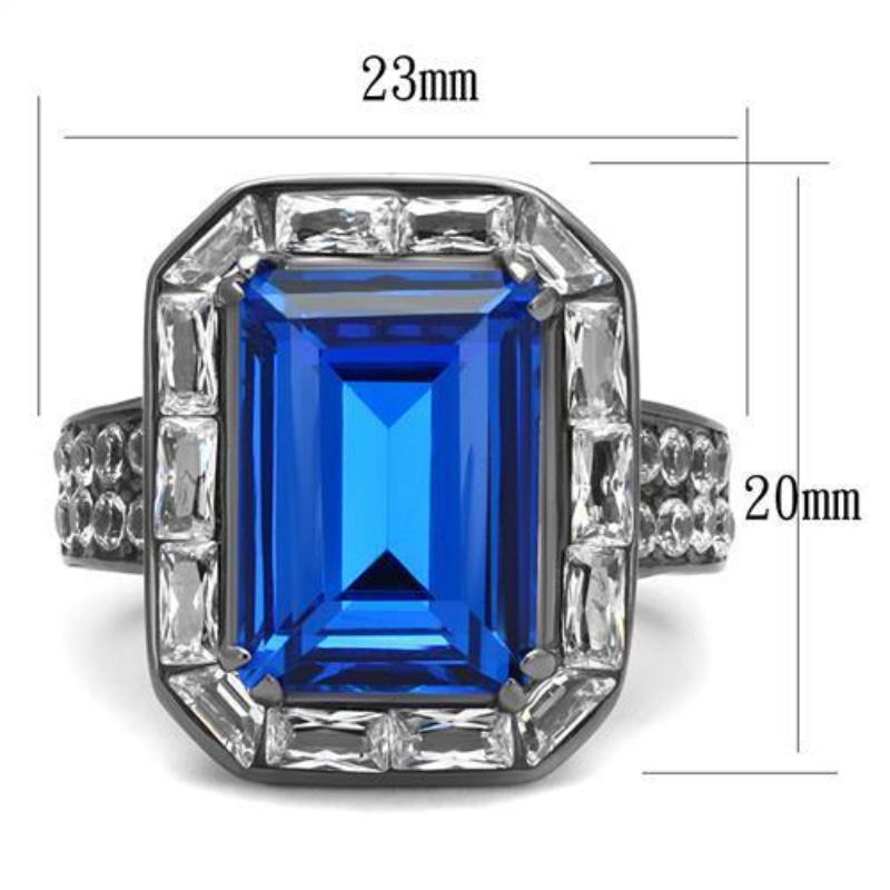 IP Light Black Stainless Steel Ring with Top Grade Crystal in Capri Blue