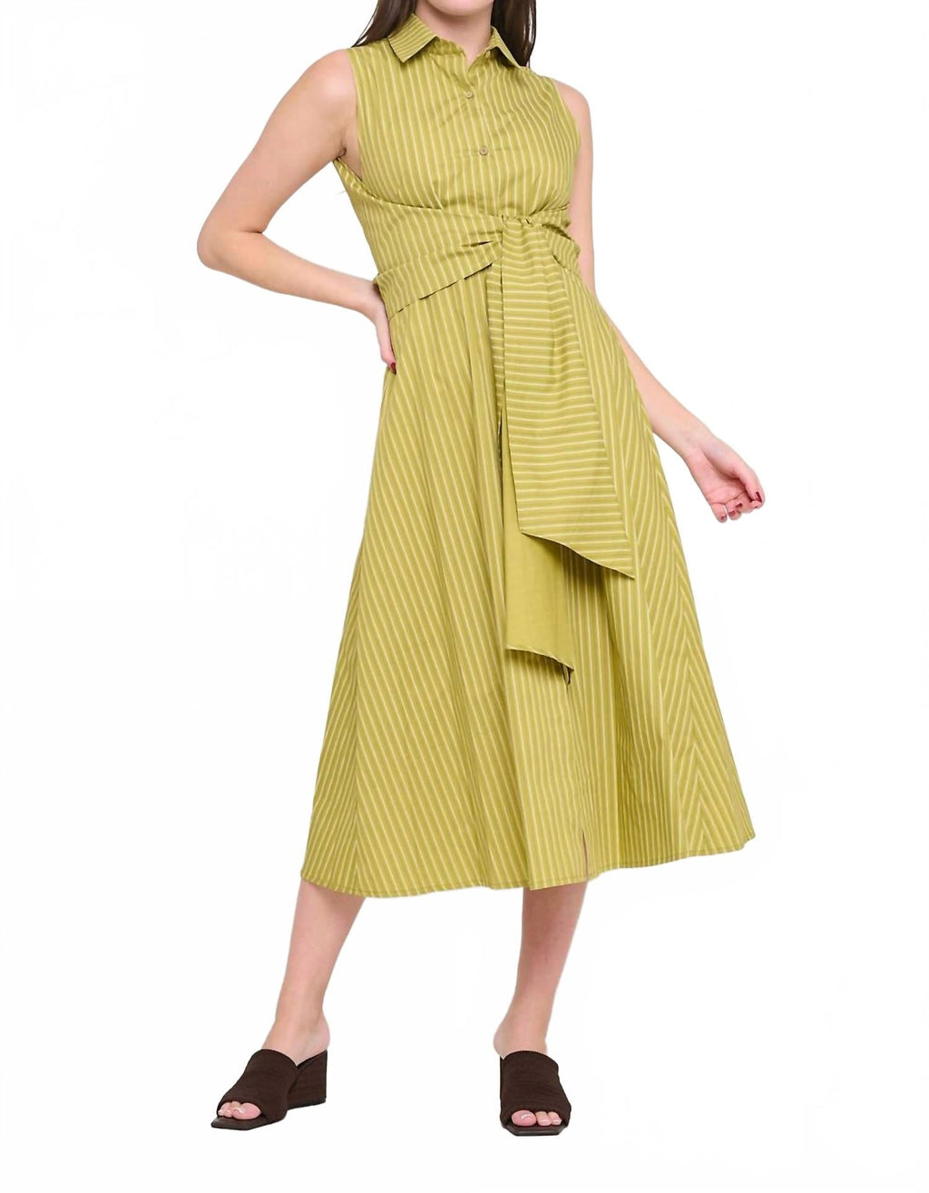 Poplin Tie Shirt Dress In Olive Stripe