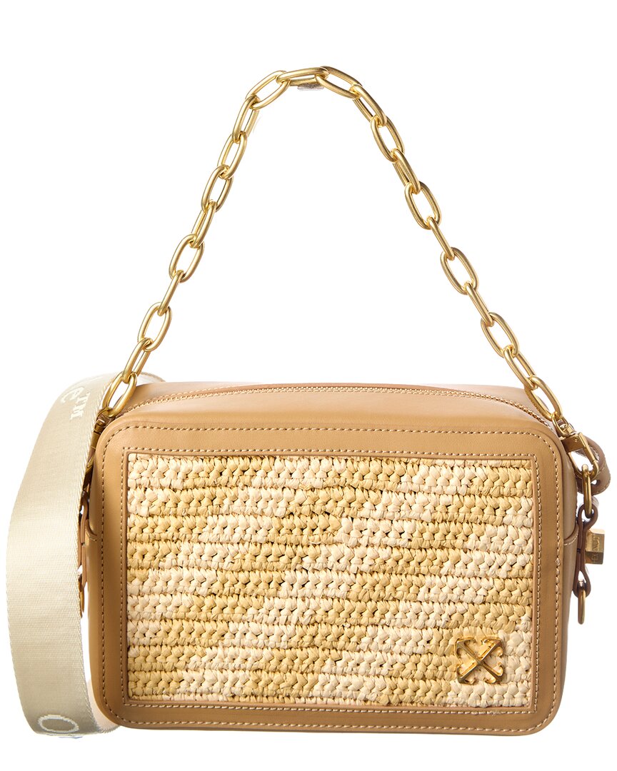 Off-White Medium Straw & Leather Camera Bag