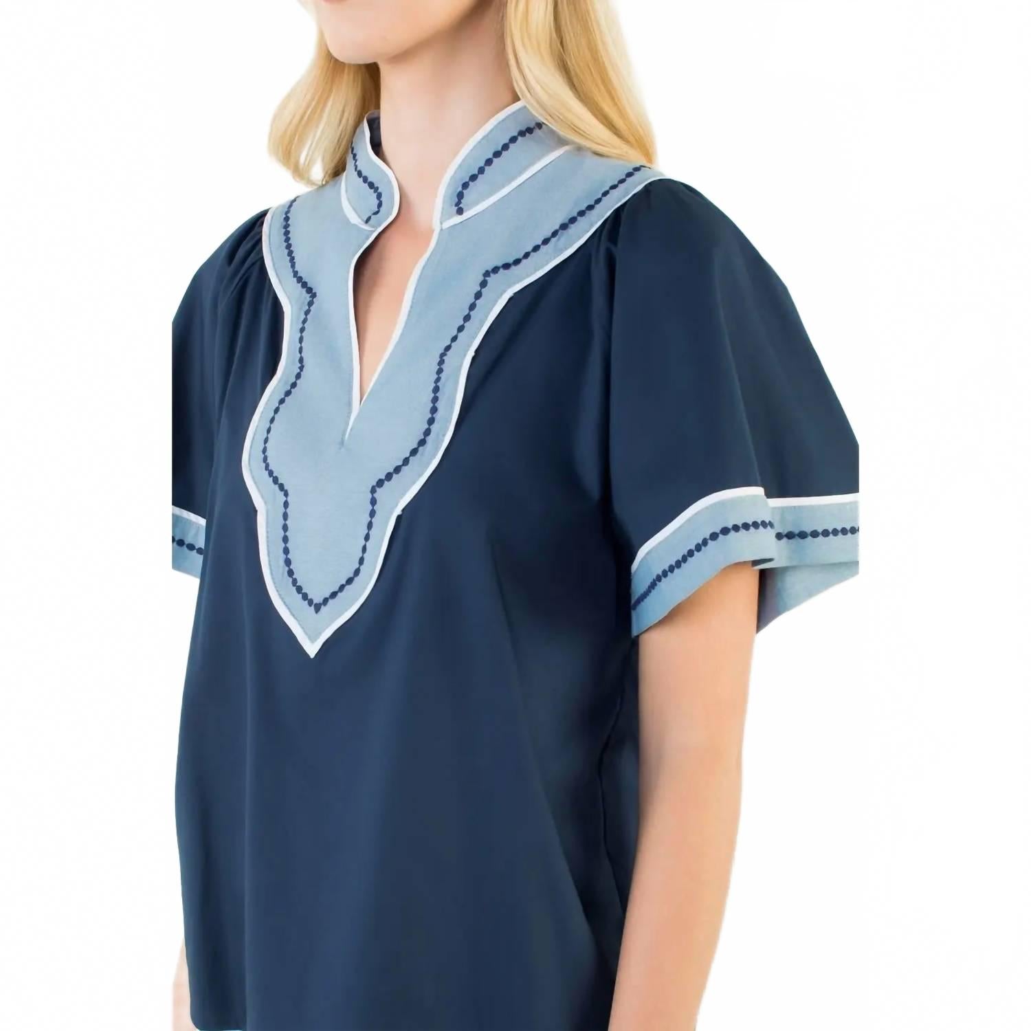 Wide Sleeve Contrast Trim V Neck Top In Blue