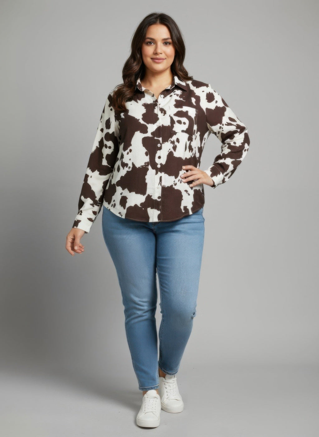Cow Print Long Sleeve Button-up Shirt