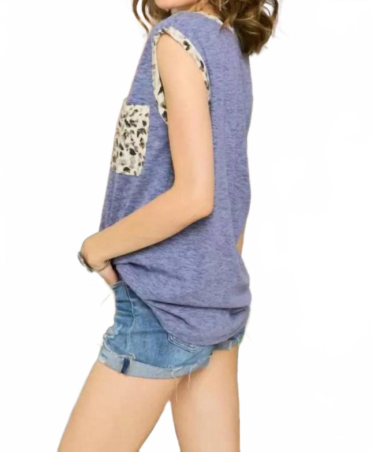 Tank Top With Leopard Print Trim & Pocket In Denim Blue