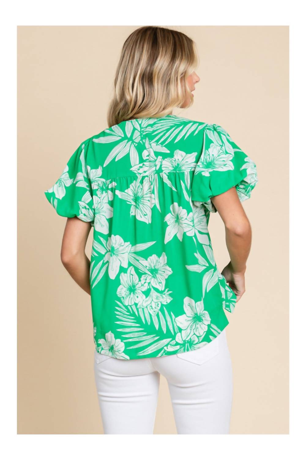 Island Vibes Hawaiian Floral Shirt With Puff Sleeves In Green & White