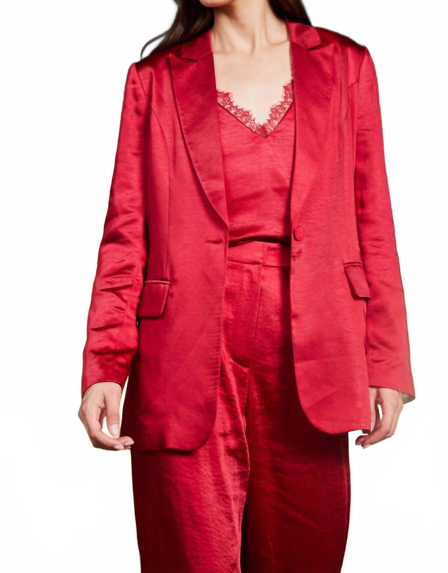 One Button Dull Satin Blazer In Red