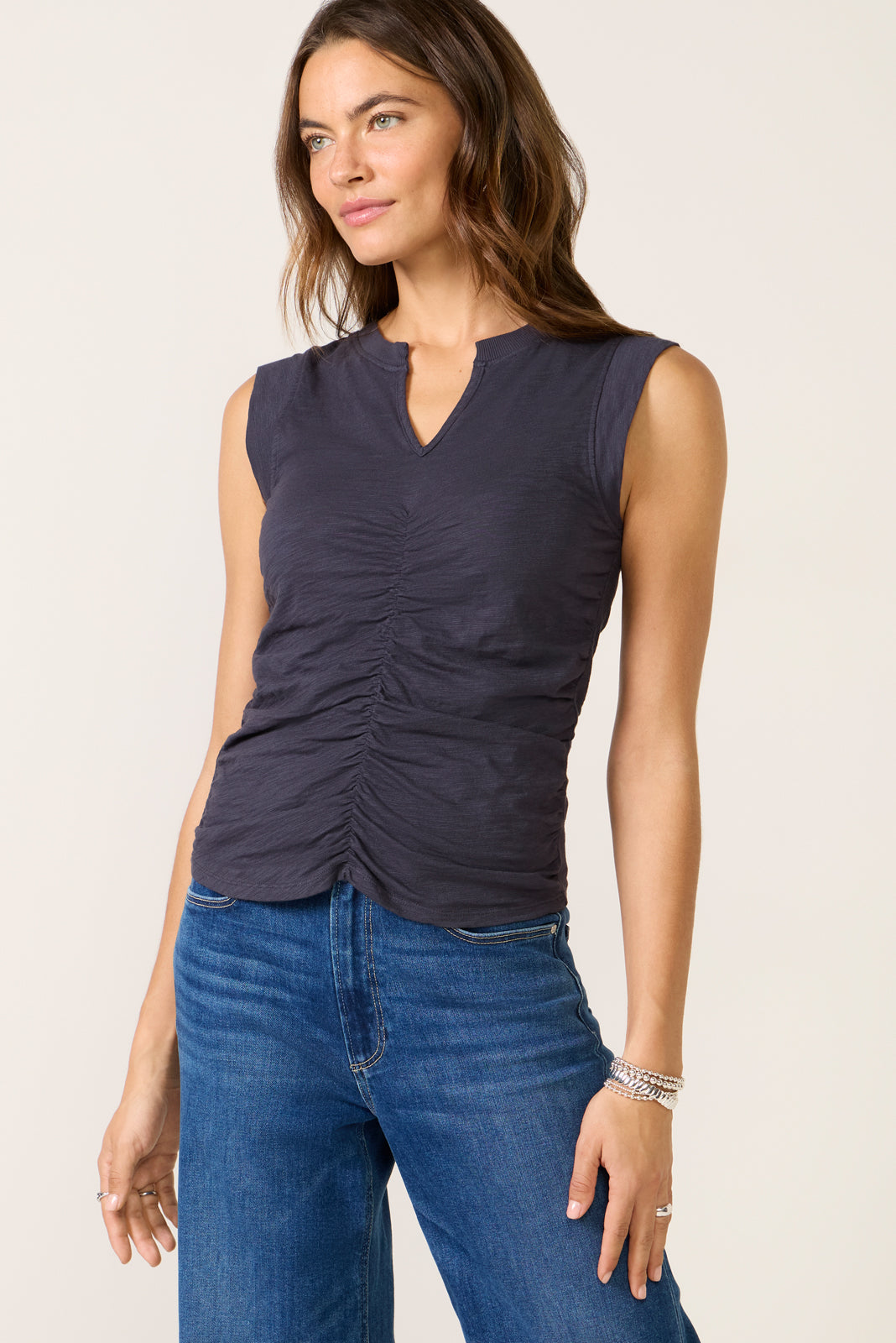 Women's Ruched Split Neck Tank Top
