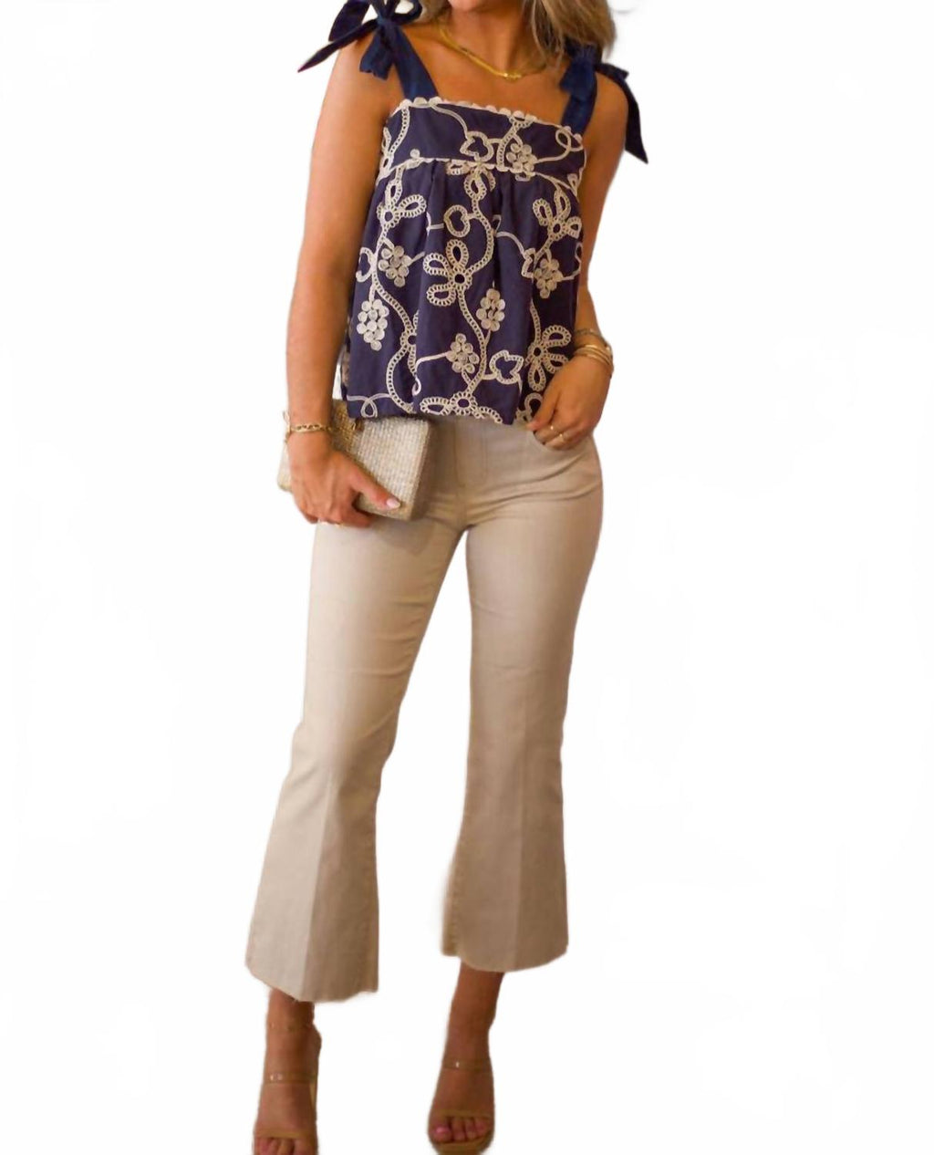 Tie Strap Embroidered Top In Navy/white
