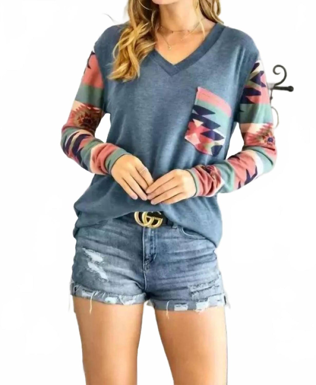 V Neck Long Sleeve Top In Teal Aztec