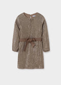 Girls Sequin Dress With Belt In Beige