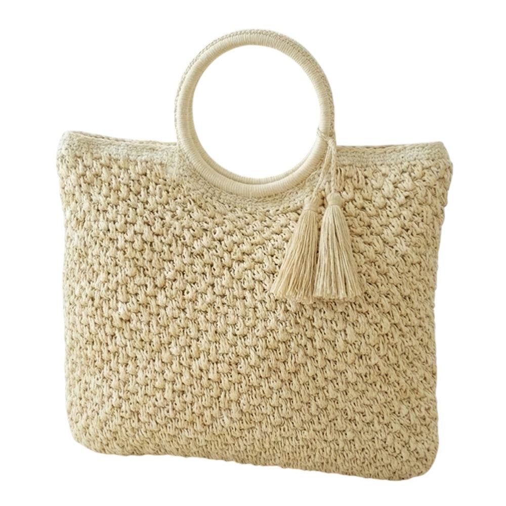 Round Handle Tassel Raffia Woven Tote Handbag
