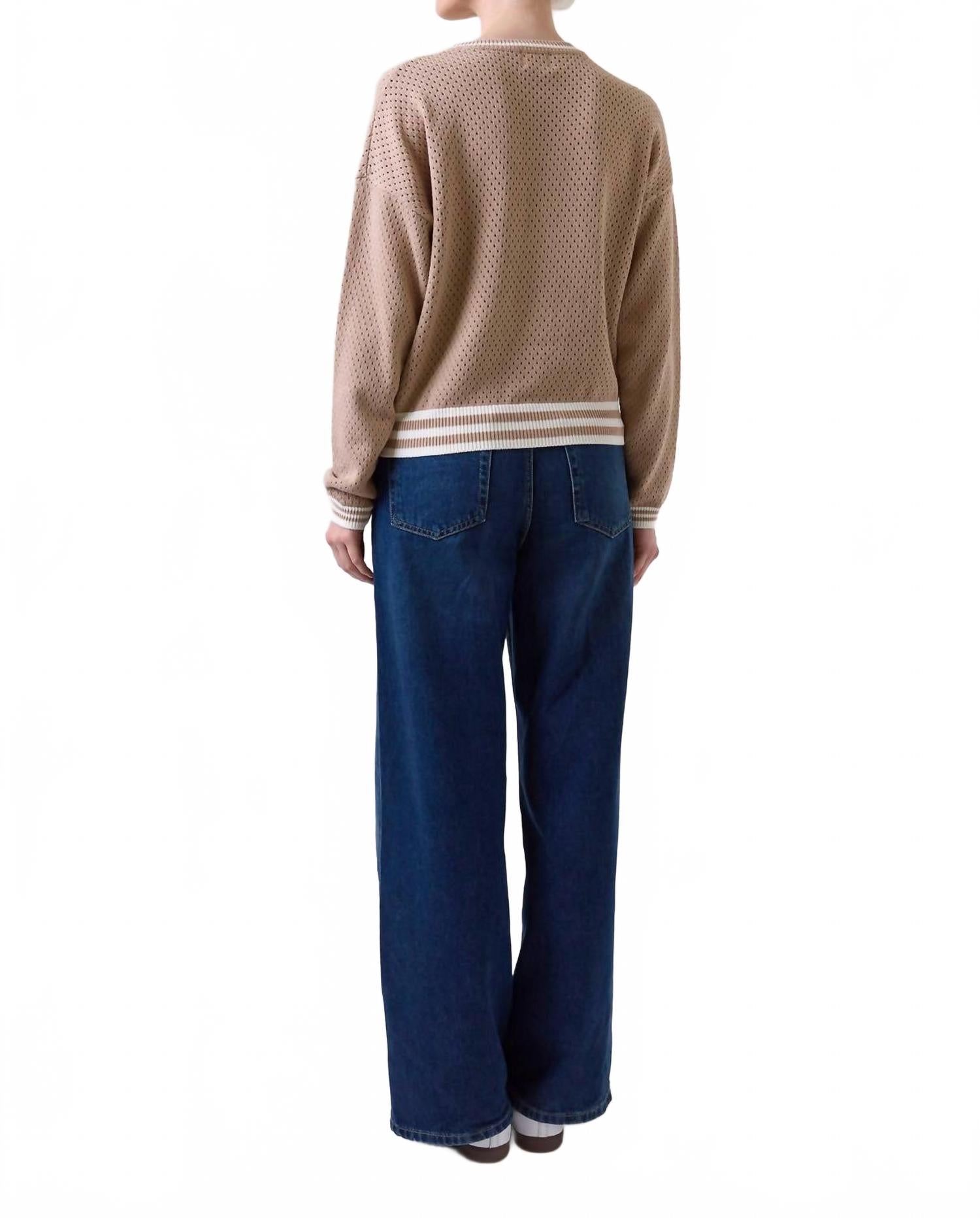 Vanessa Stripe Detail Crew Sweater In Light Brown/ivory