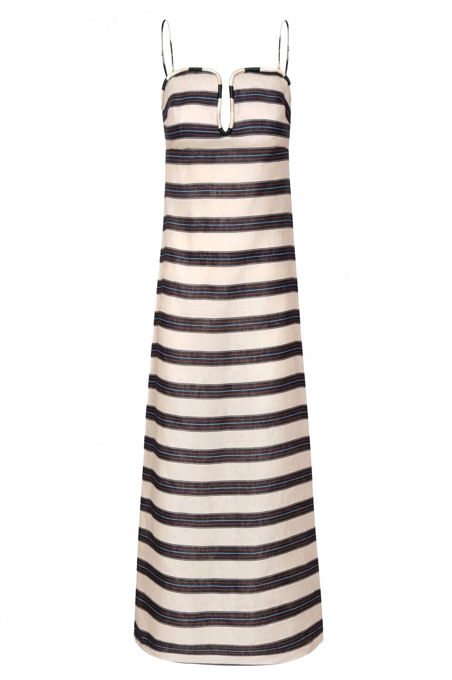 Antonia Linen Midi Dress In Ivory & Navy Stripes