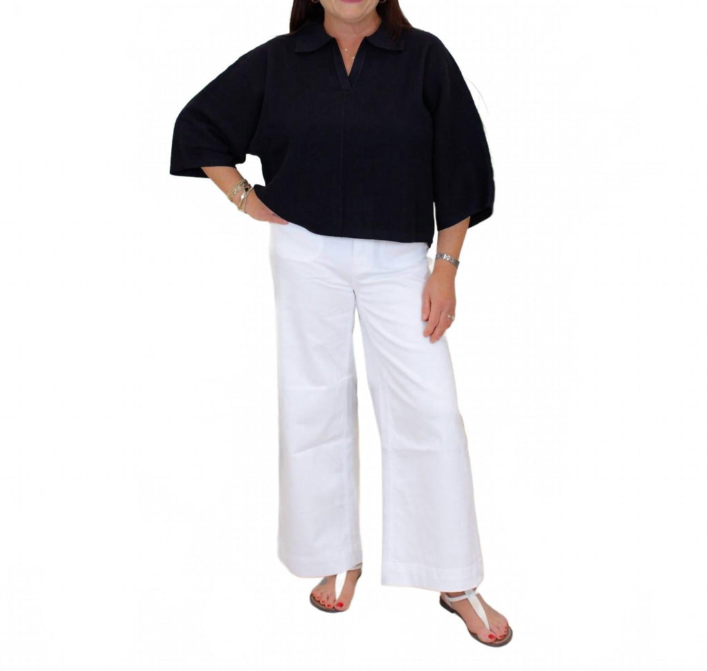 Solid V-Neck Collared Top In Black