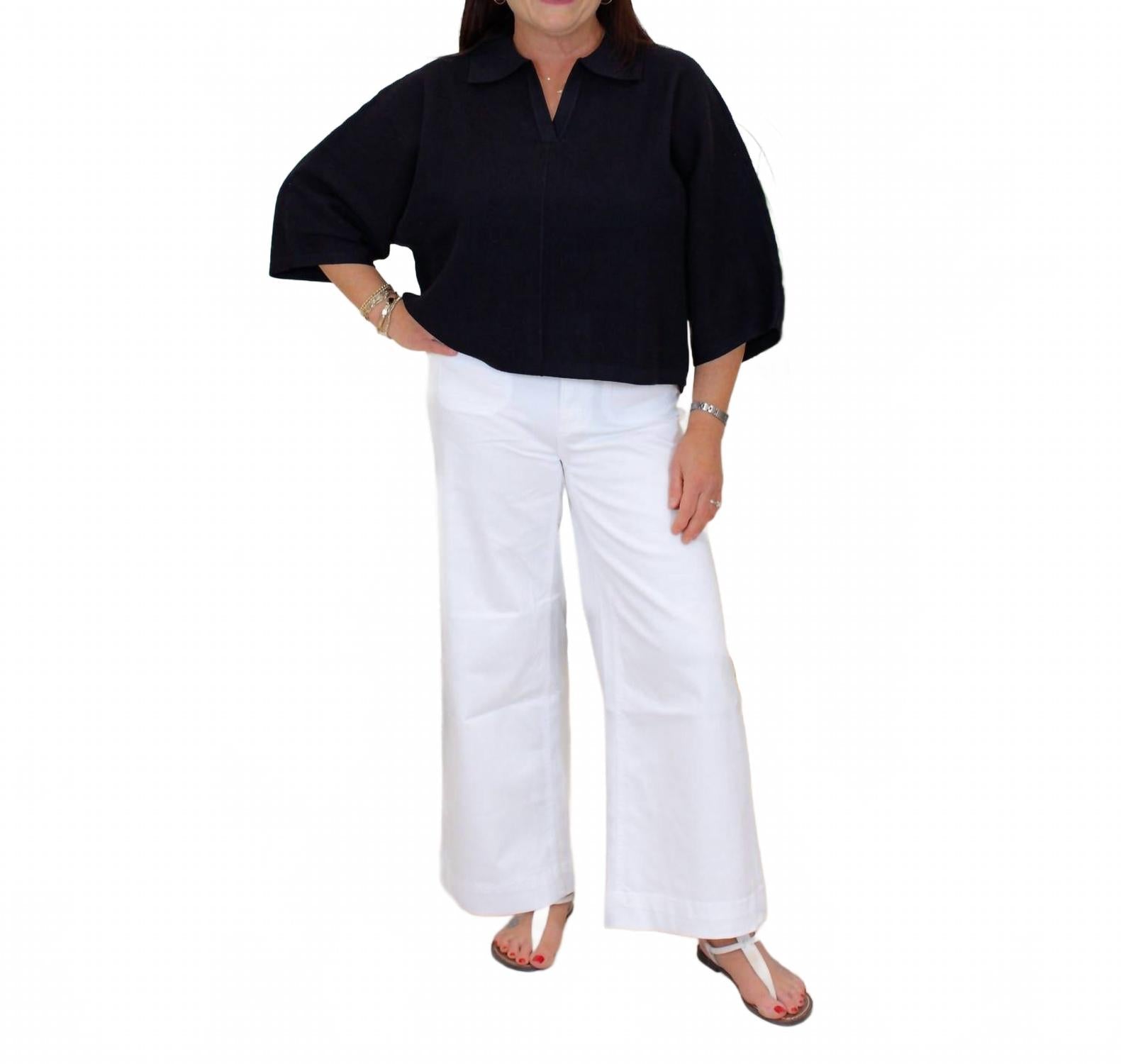 Solid V-Neck Collared Top In Black