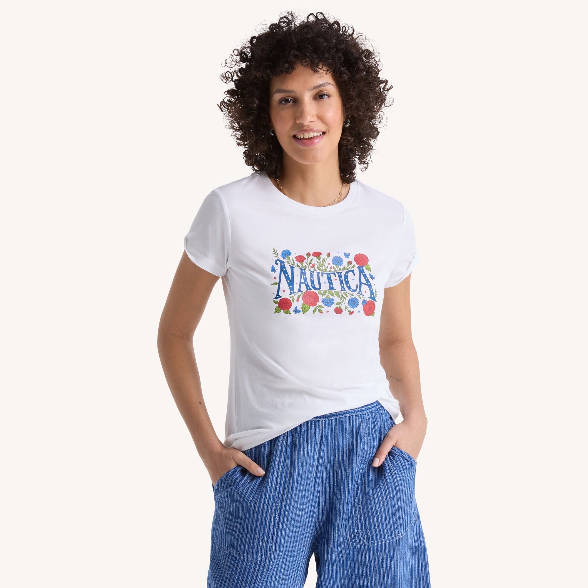 Nautica Womens Americana Floral Studded Graphic T-Shirt