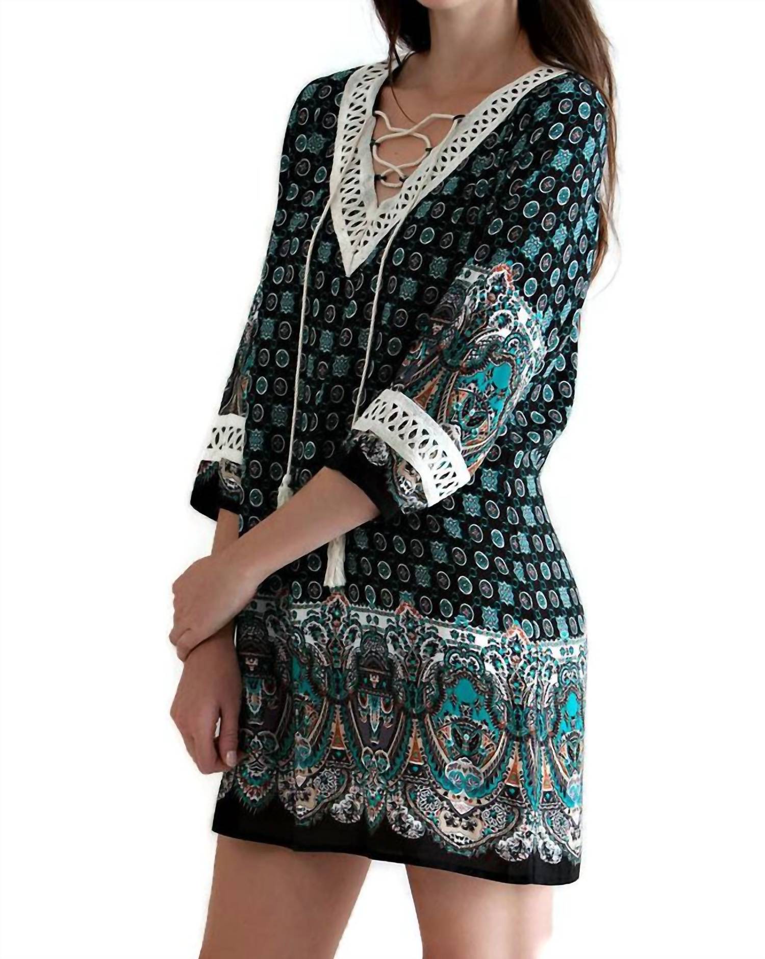 Border Print Tassel Tie Mini Dress In Black