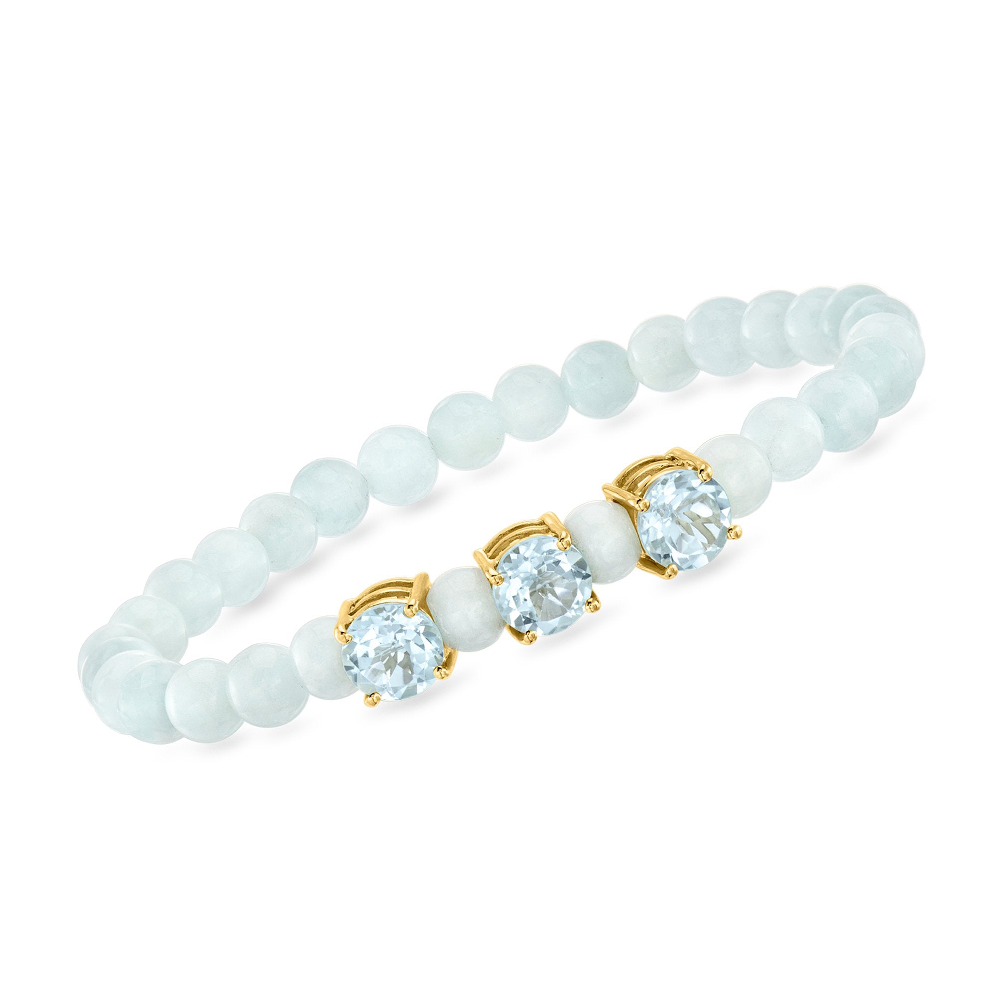 Ross-Simons Milky Aquamarine Bead Stretch Bracelet With Sky Blue Topaz in 18kt Gold Over Sterling