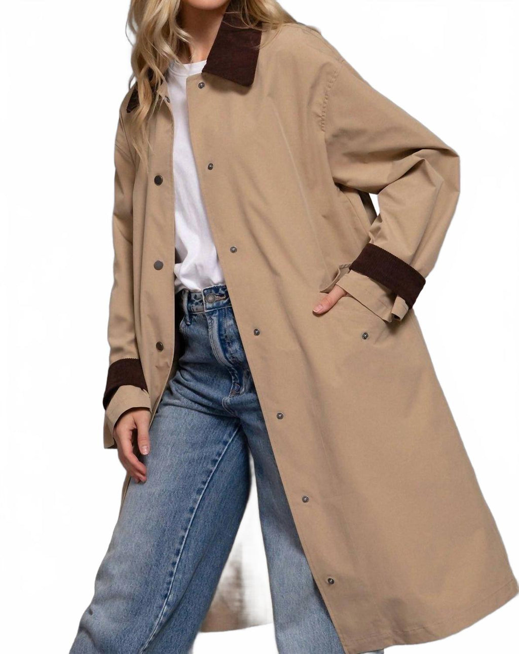 Long Sleeve Contrast Collar Button Down Trench Coat In Khaki