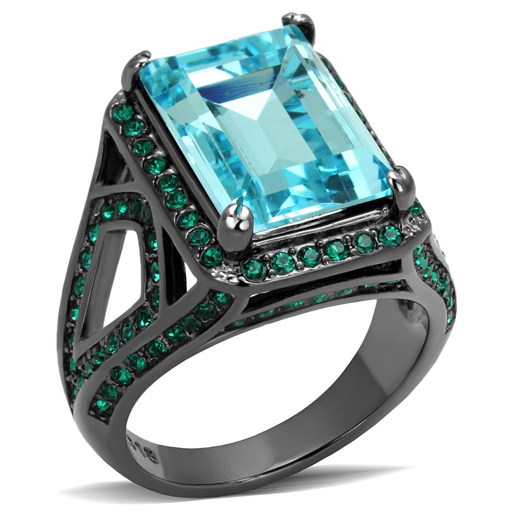 IP Light Black Stainless Steel Ring with Top Grade Crystal in Sea Blue