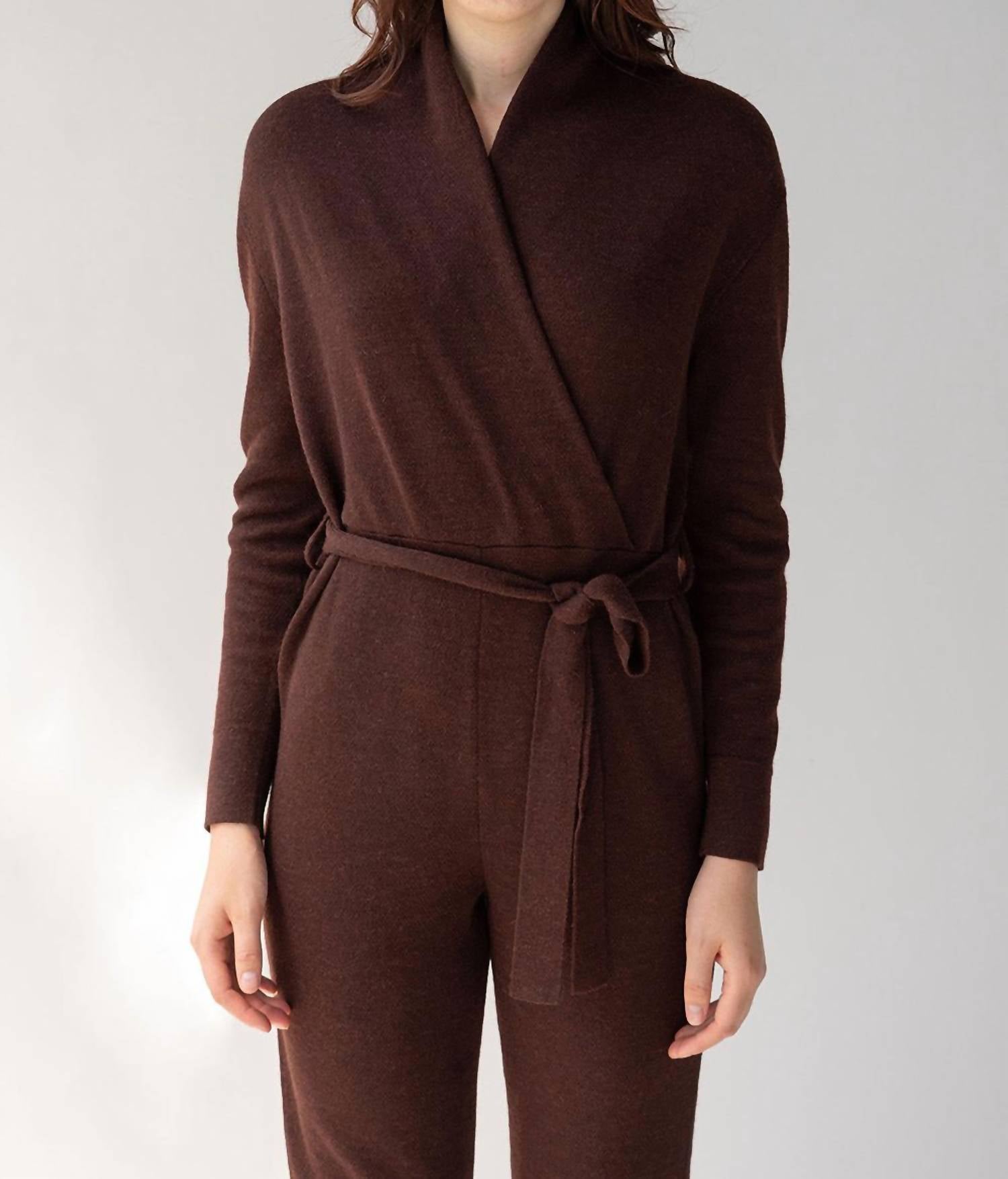Wrap Neck Jumpsuit In Mahogany