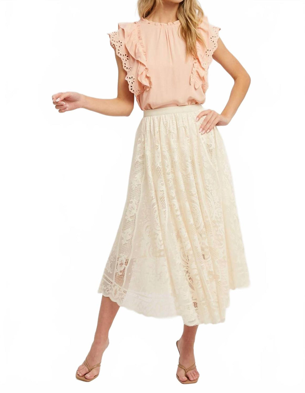 Ruffled Eyelet Lace Blouse In Pink