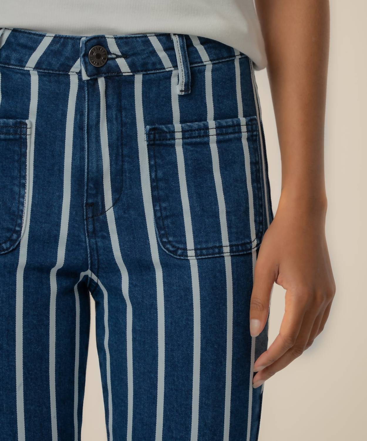 Kelsey High Rise Ankle Flare Jeans In Indigo/white Stripe