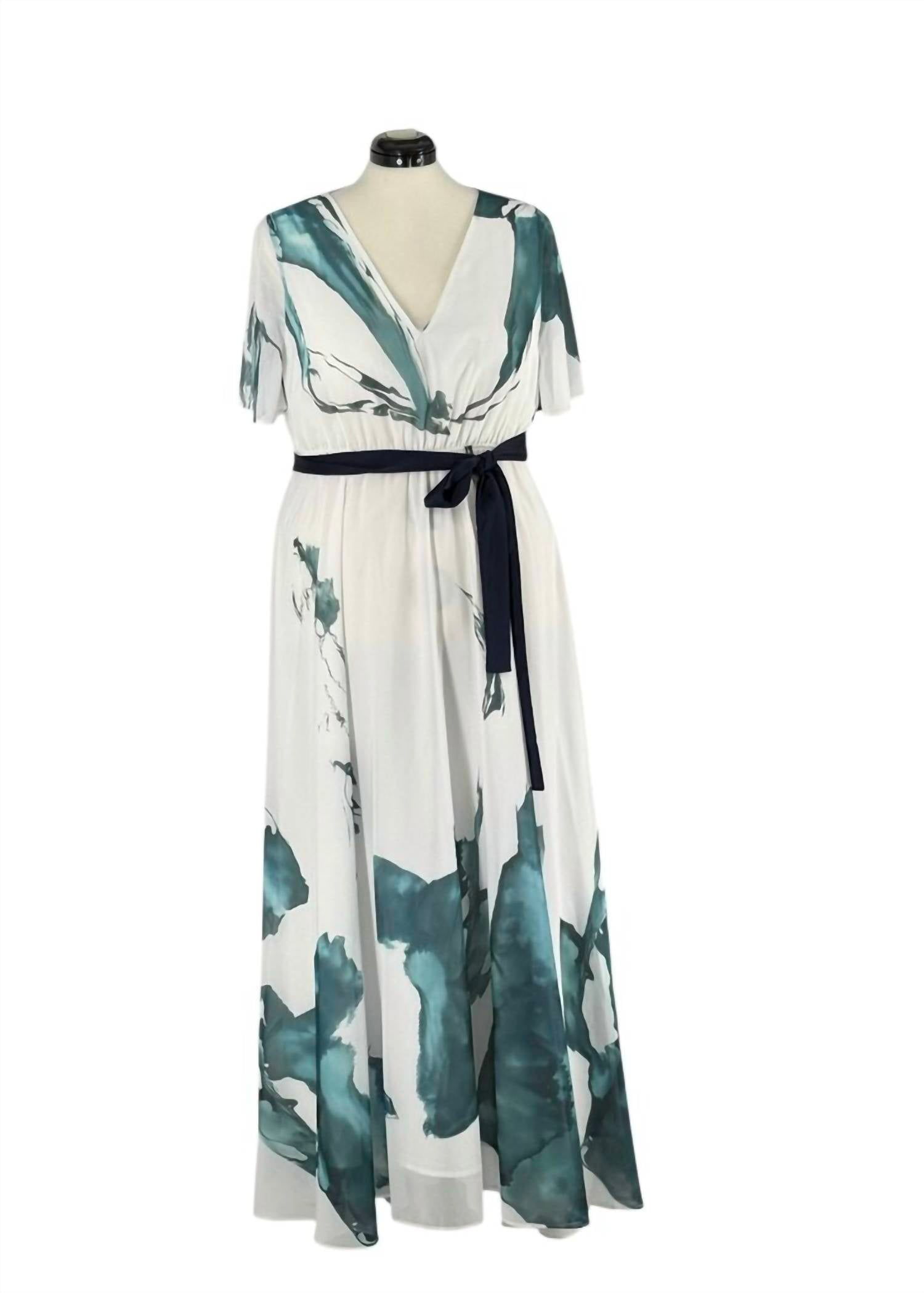 Chiffon V-Neck Short Sleeve A-Line Maxi Dress In White Blue
