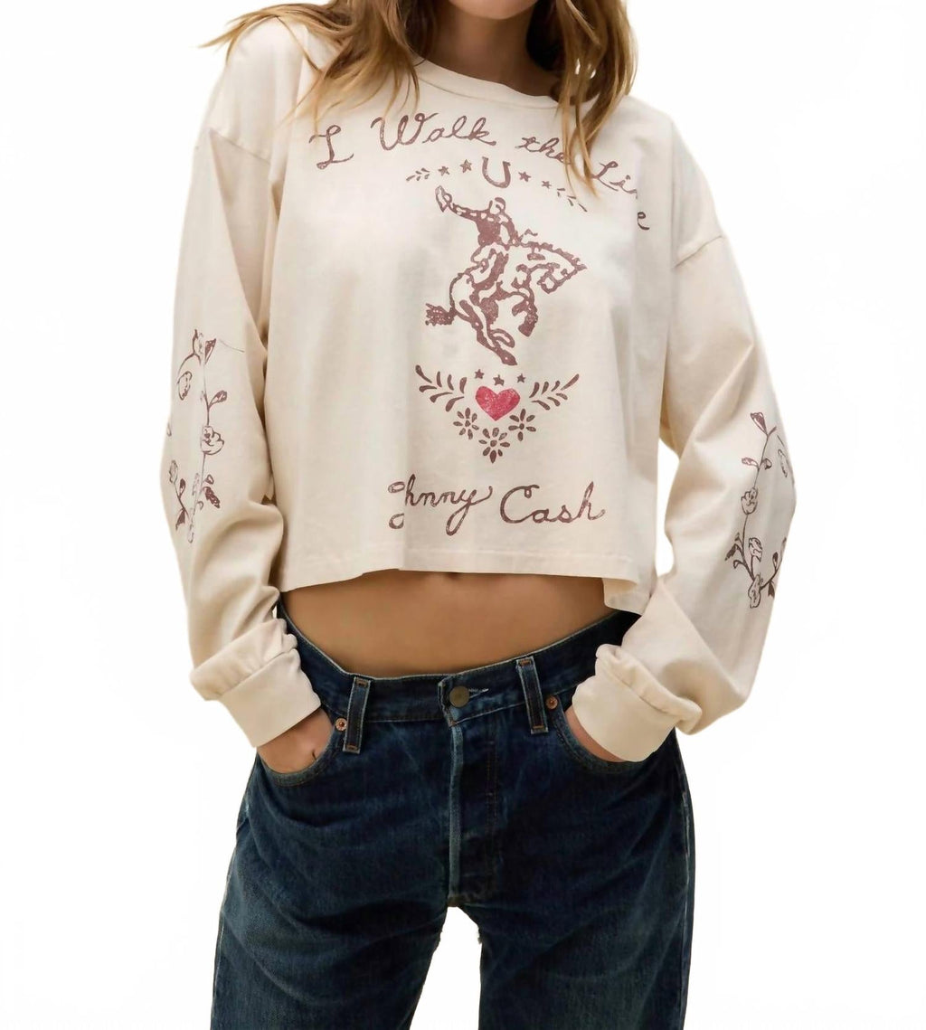 Johnny Cash Walk The Line Meet & Greet Long Sleeve Top In Dirty White