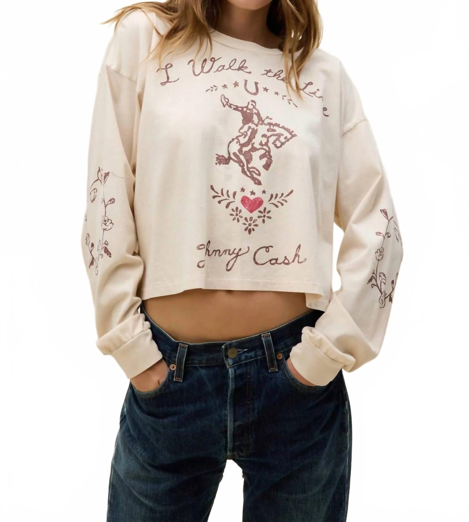 Johnny Cash Walk The Line Meet & Greet Long Sleeve Top In Dirty White