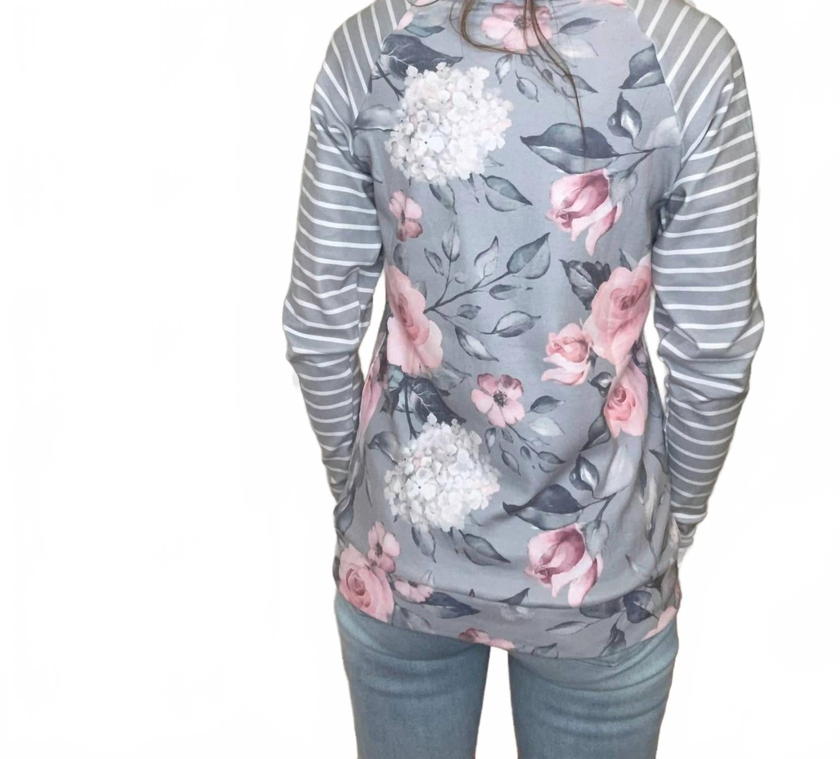 Zoey Zip Cowl Neck Jacket In Gray Floral And Stripe