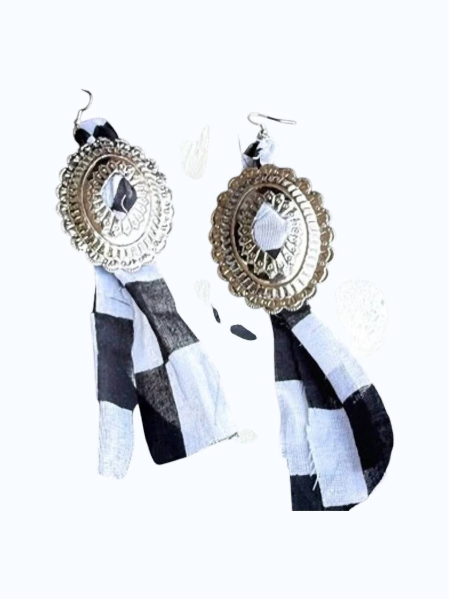 Women's Checkered Concho Bandana Dangle Earrings In Black/white