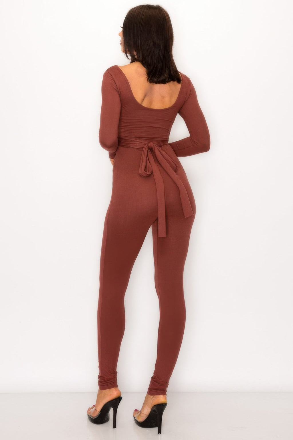 Front Shirring Back Tie Skinny Jumpsuit
