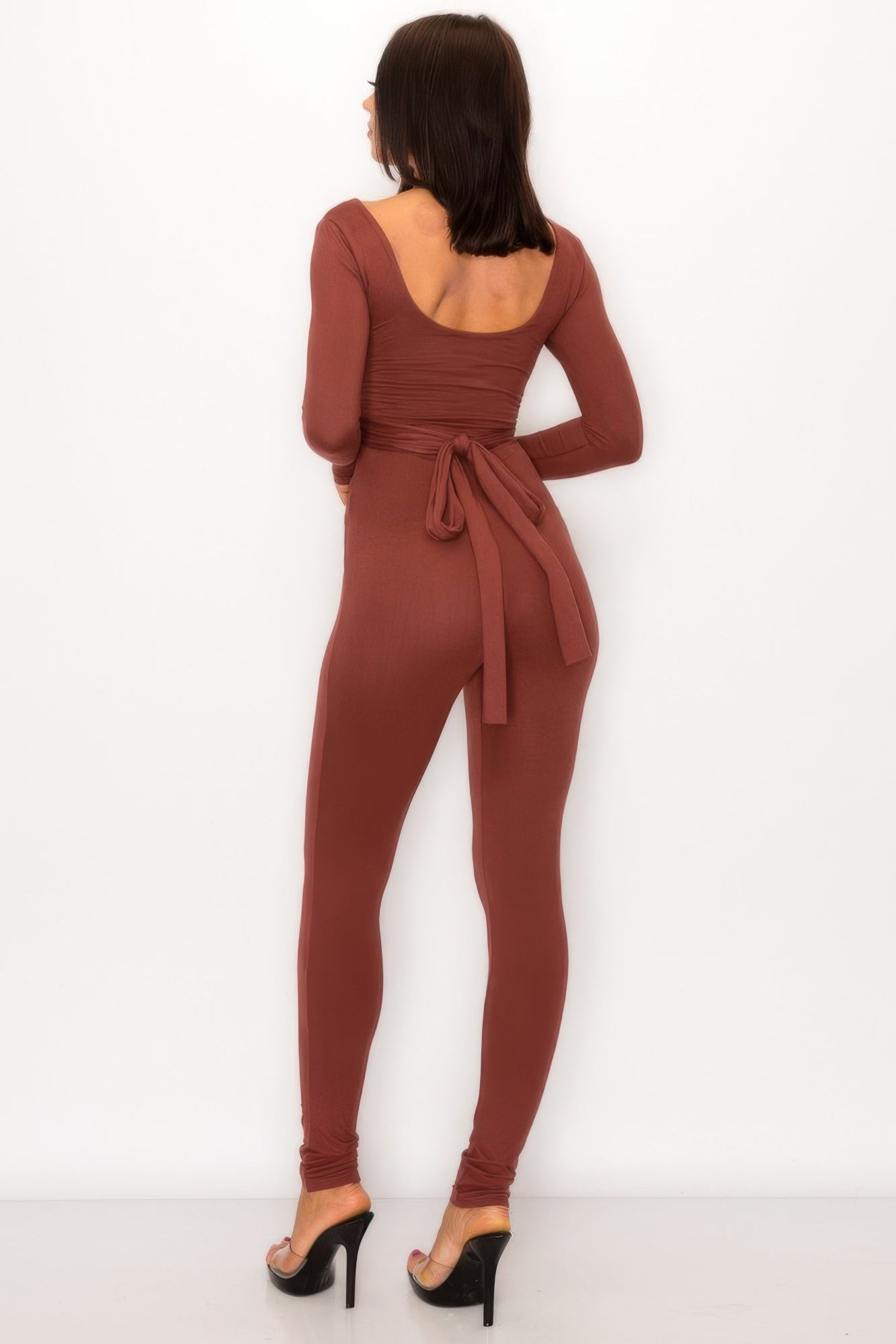 Front Shirring Back Tie Skinny Jumpsuit